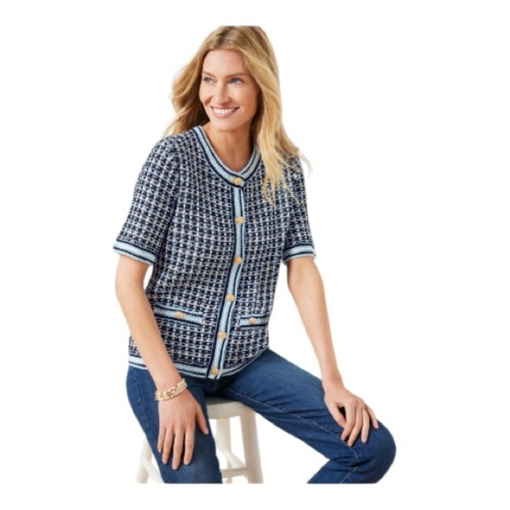 Talbots Women's Navy Short Sleeve Plaid Cardigan Size Medium
